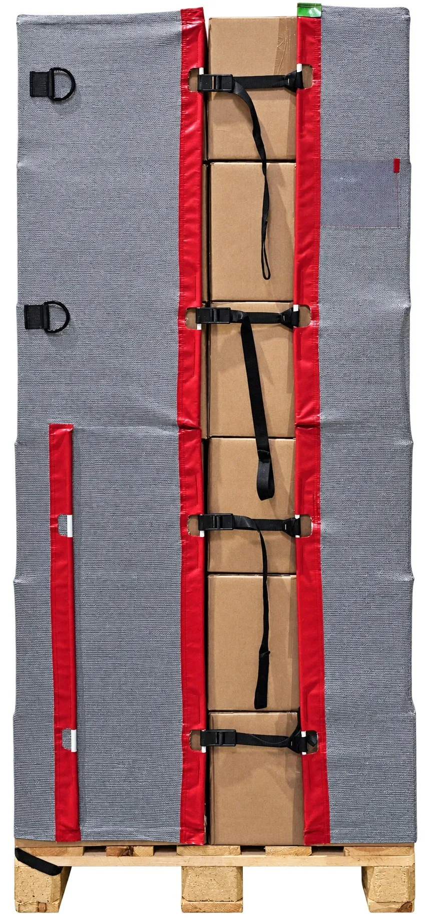 PalletGuard on a EUR pallet with the access flap open, showing boxes and retaining straps