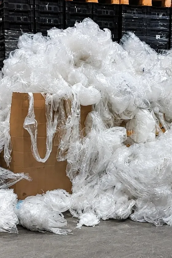 Pile of used single-use stretch film waste in a warehouse
